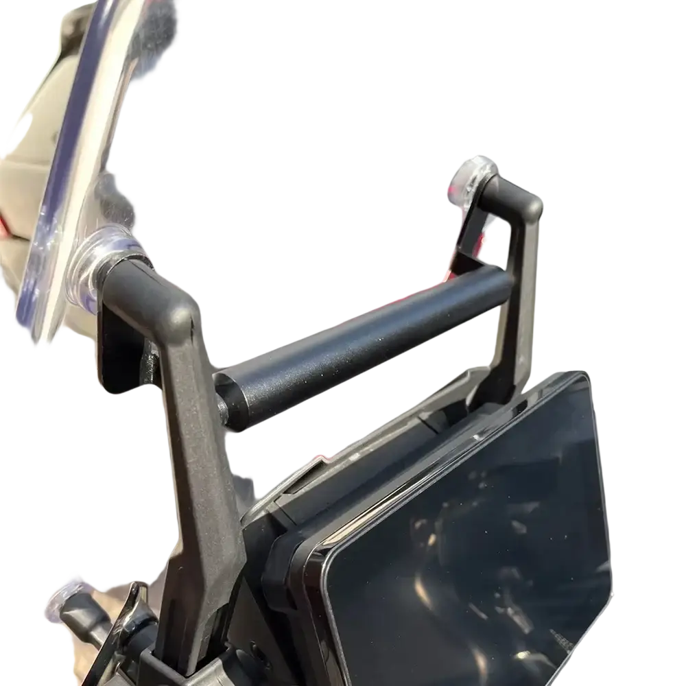 Black plastic cfmoto 800mt gps navigation mount bracket with clear suction cups and central securing bar shown from the back side