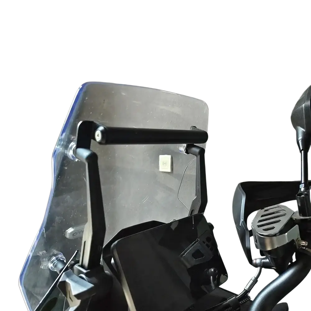 Clear plastic motorcycle windshield mounted on a black metal frame for cfmoto 800mt gps navigation mount bracket