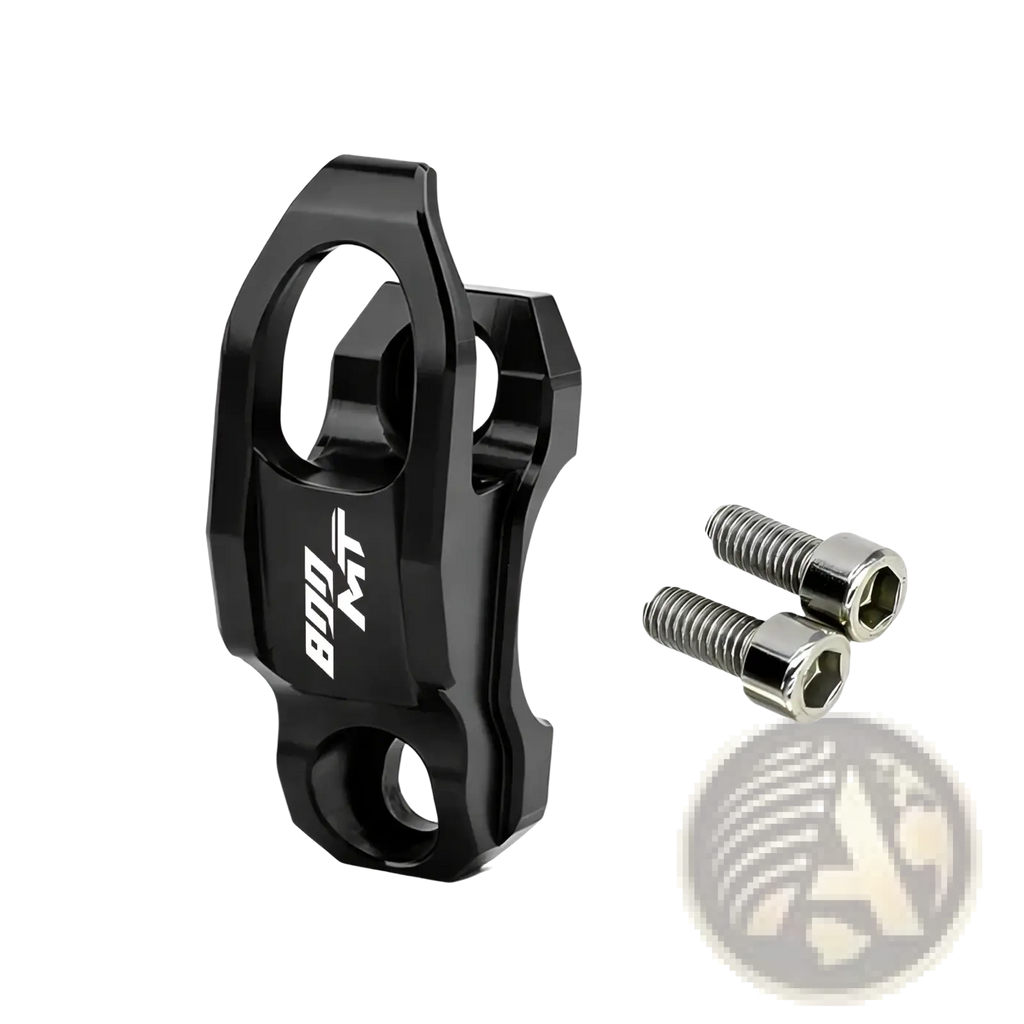 Black aluminum bicycle chain guide with bon mt branding and two silver hex bolts for cf moto 800mt handlebar helmet hanger hook