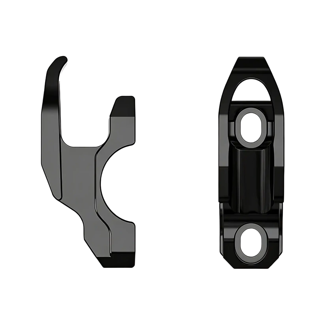 Black metal cfmoto 800mt handlebar helmet hanger hook clamp with sleek angular design and precise dimensional markings