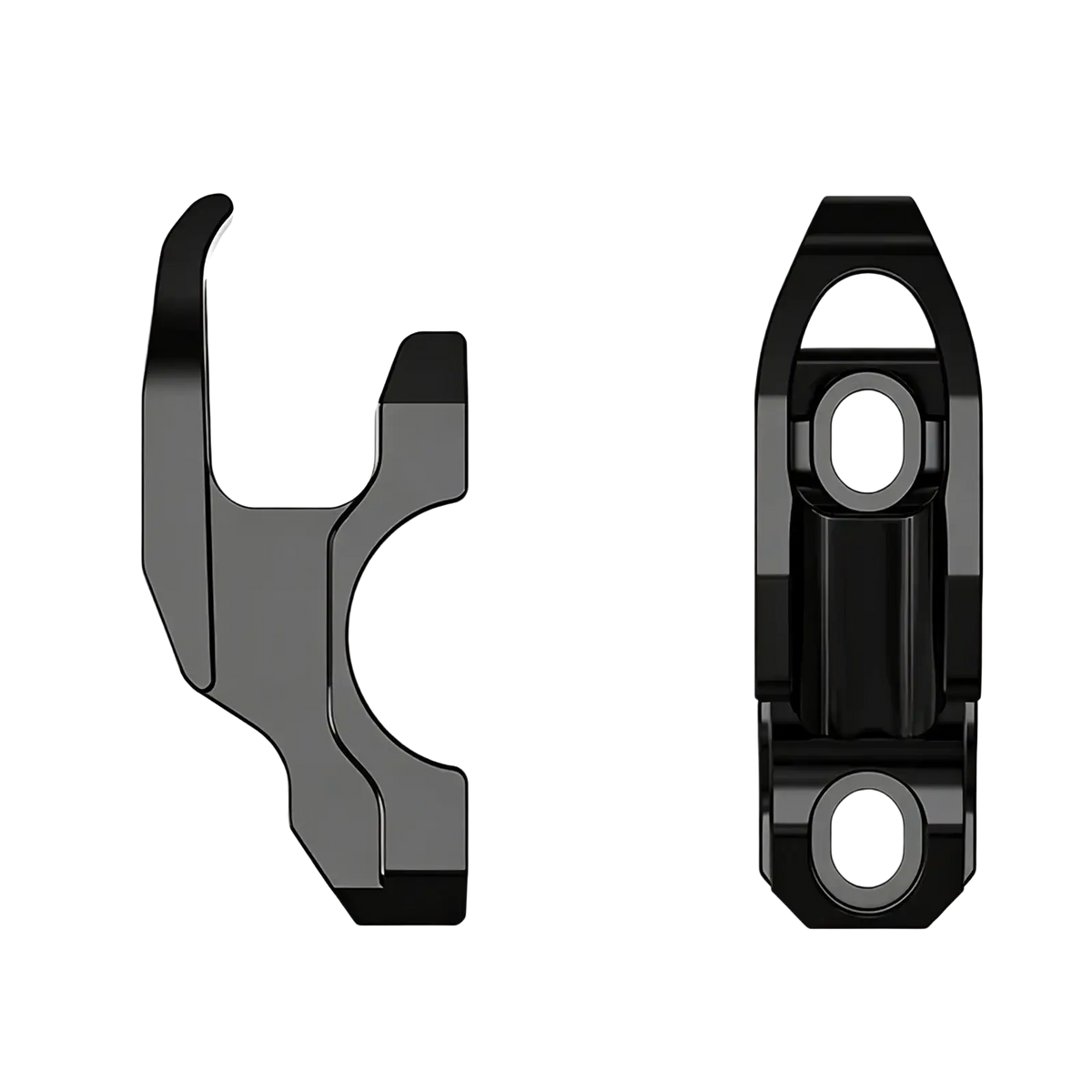 Black metal cfmoto 800mt handlebar helmet hanger hook clamp with sleek angular design and precise dimensional markings