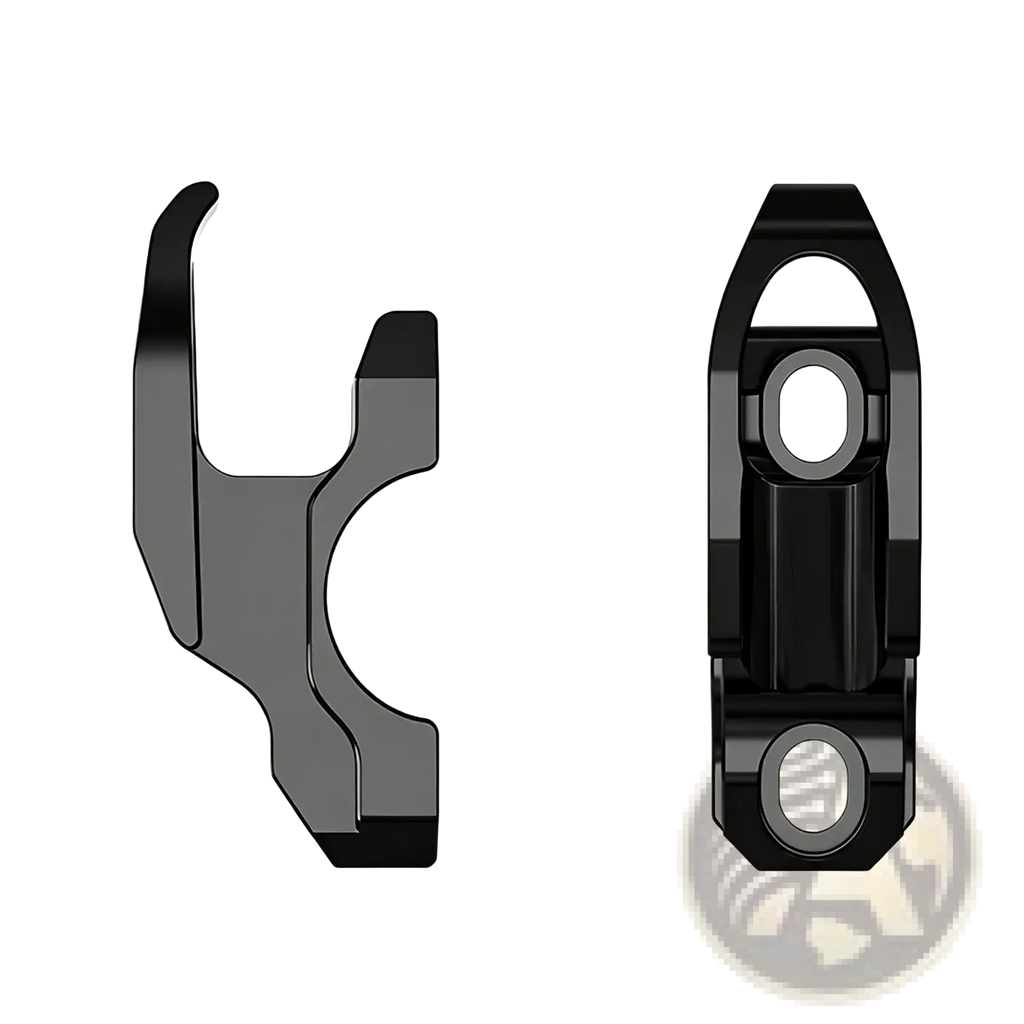 Black metal cfmoto 800mt handlebar helmet hanger hook clamp with sleek angular design and precise dimensional markings