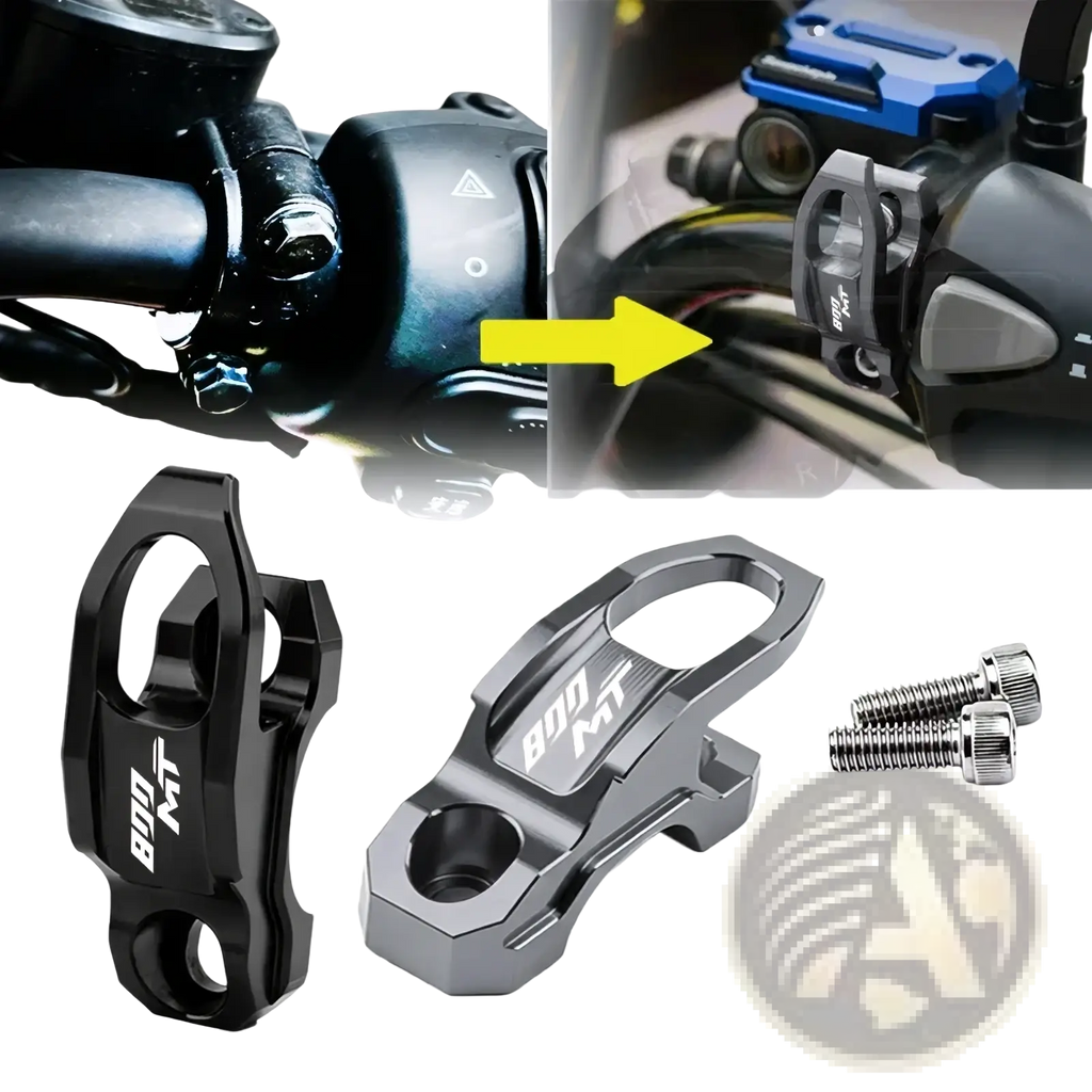 Black and silver metallic cfmoto 800mt handlebar clamp with helmet hanger hook and 800 mt branding visible on front side