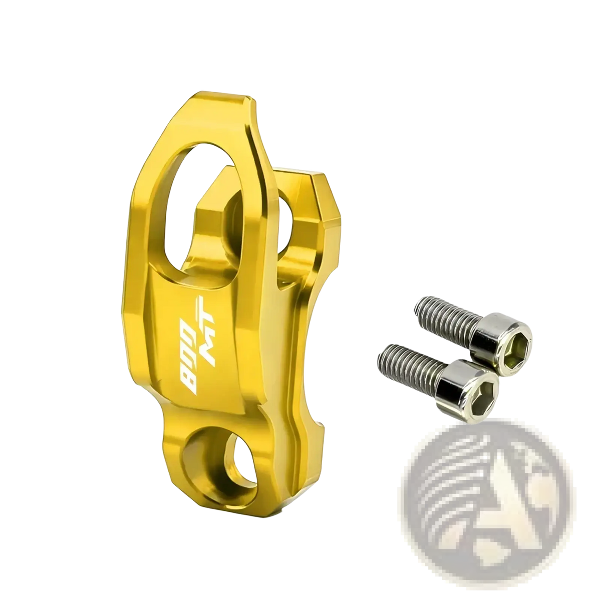 Gold-colored aluminum cfmoto 800mt handlebar helmet hanger hook mount with b08 mt branding and two silver hex bolts