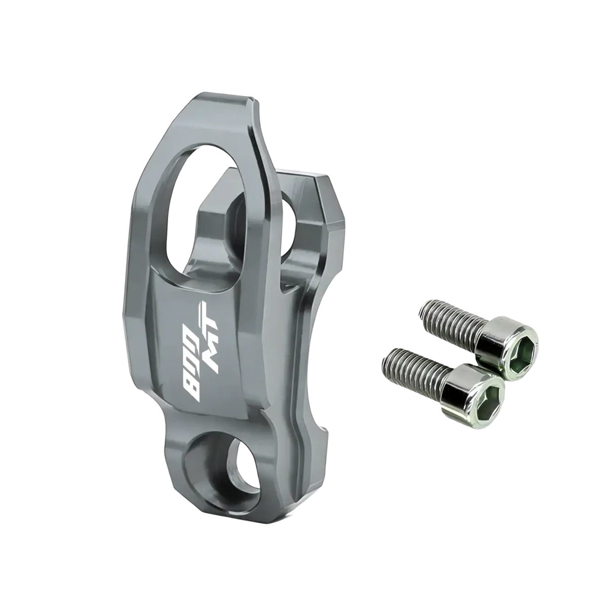 Gray aluminum alloy handlebar helmet hanger hook with bon mt branding and two silver hex bolts for cfmoto 800mt