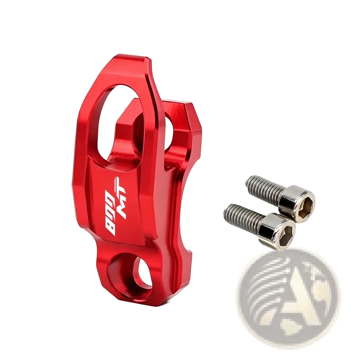 Cfmoto 800mt handlebar helmet hanger hook featuring red anodized aluminum derailleur hanger with bon mt branding and silver bolts