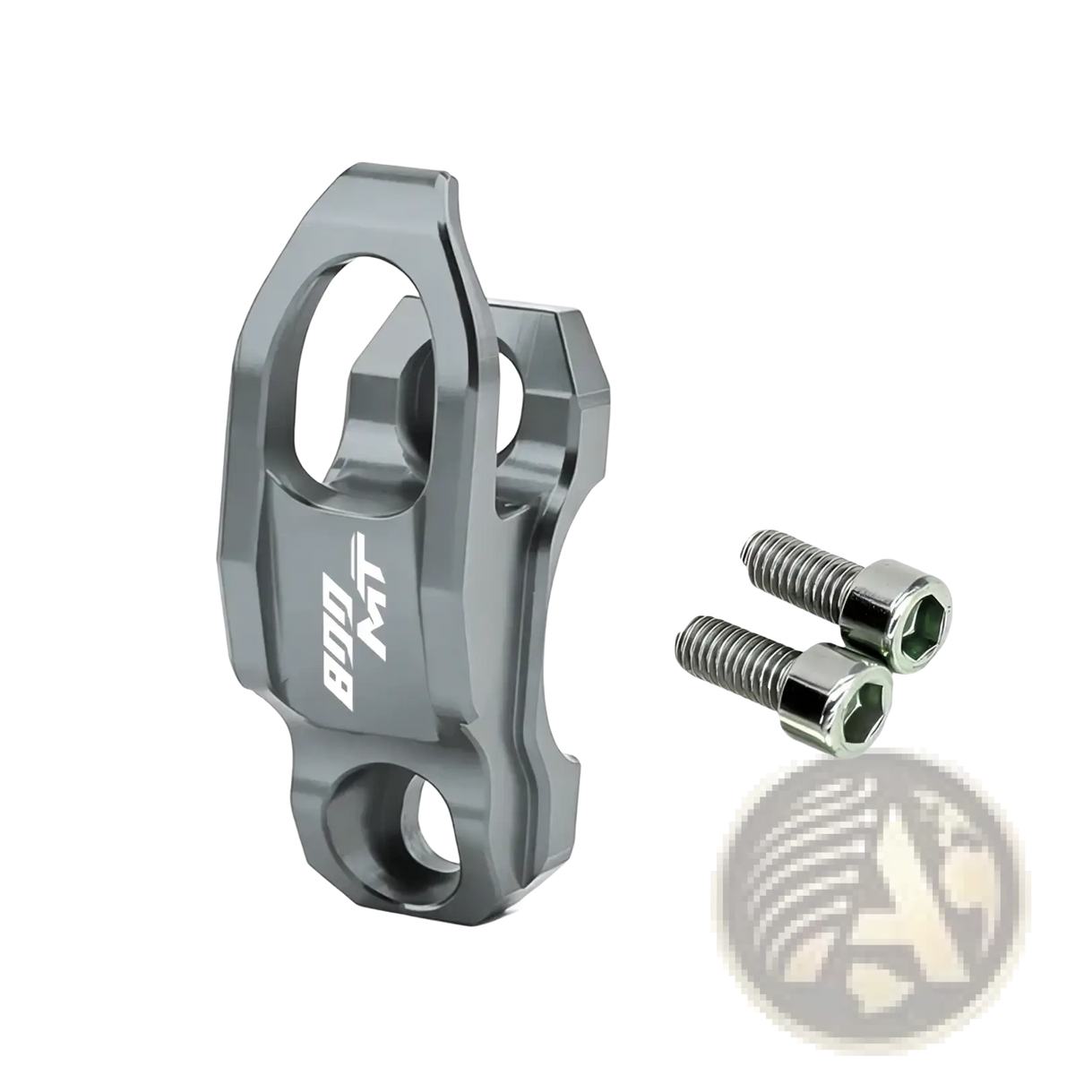 Gray aluminum alloy handlebar helmet hanger hook with bon mt branding and two silver hex bolts for cfmoto 800mt