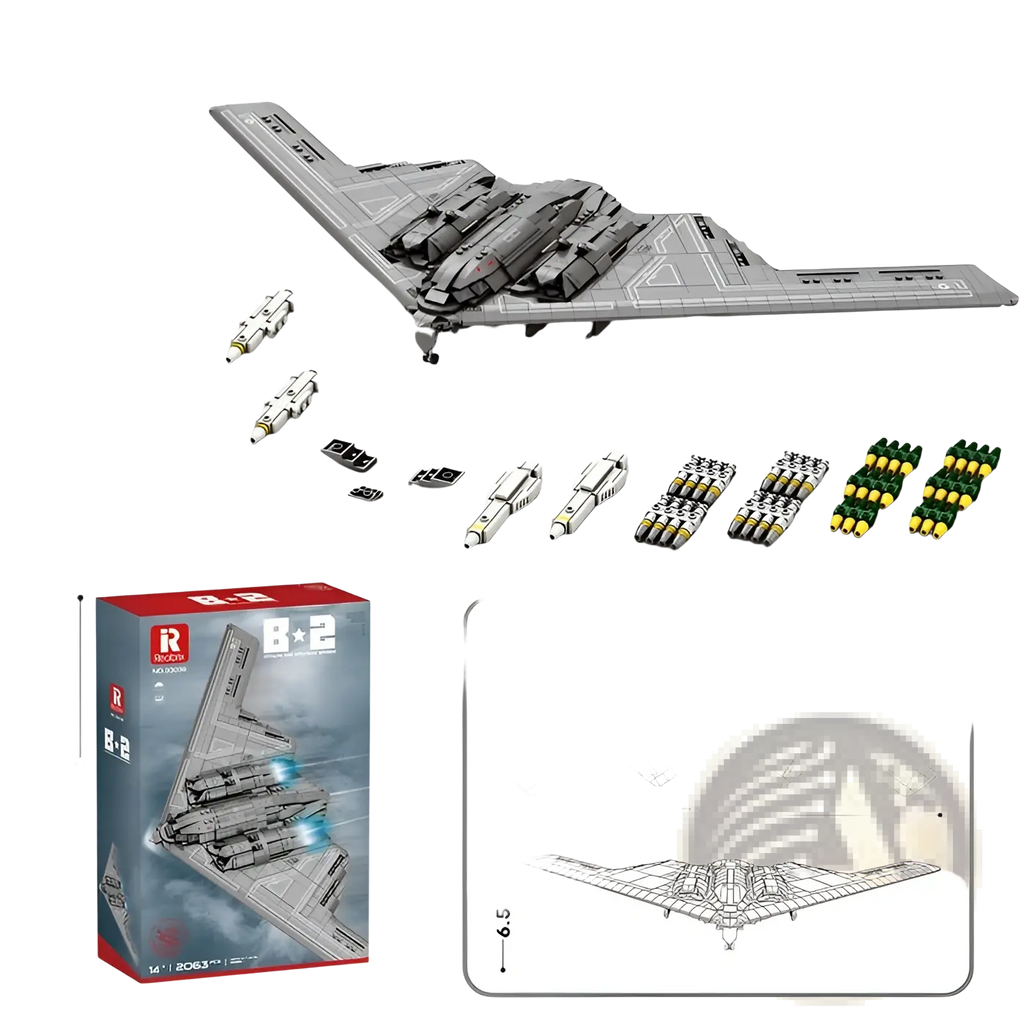 Gray b-2 spirit stealth bomber model made of interlocking plastic bricks featured in ch-53 transport helicopter toy set