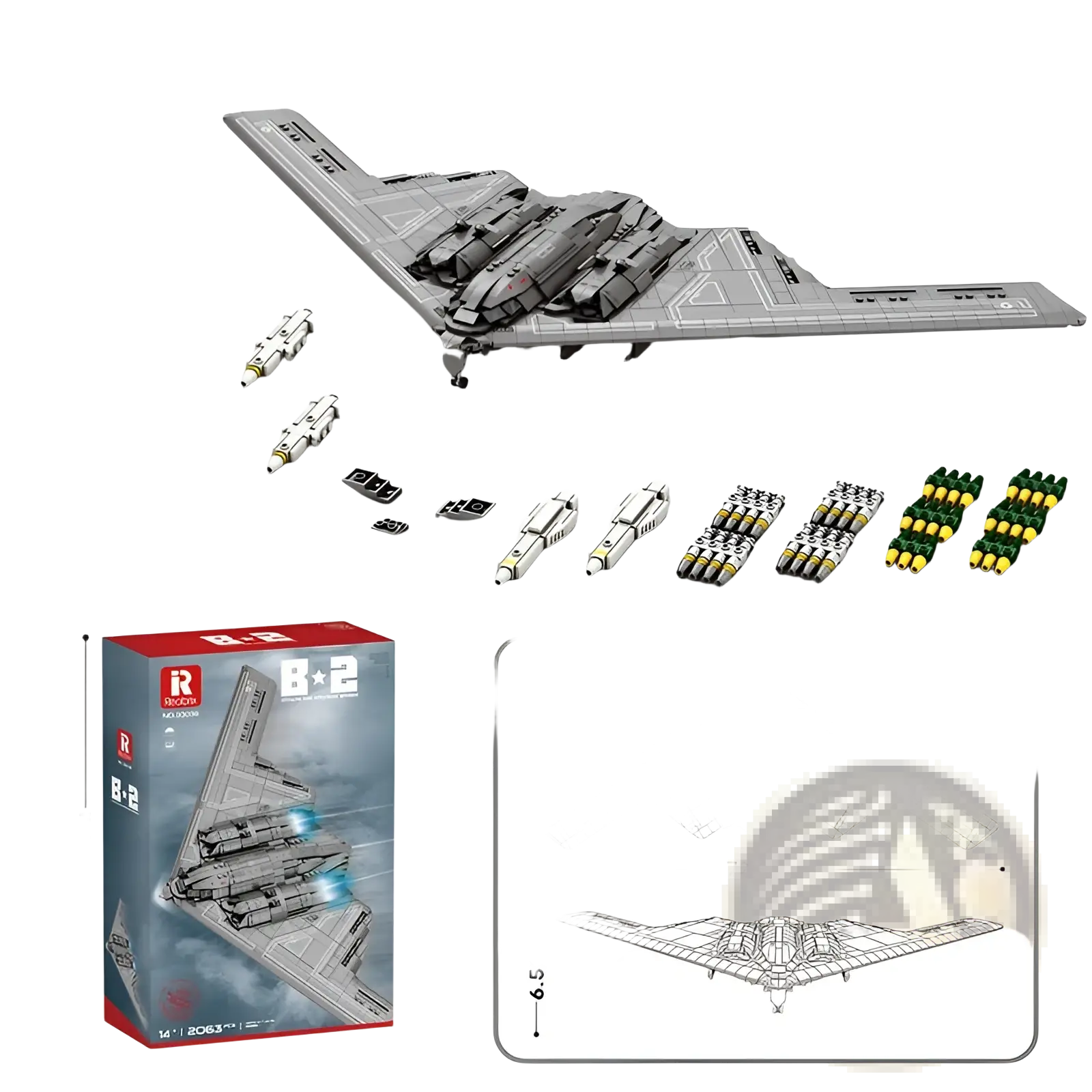 Gray b-2 spirit stealth bomber model made of interlocking plastic bricks featured in ch-53 transport helicopter toy set