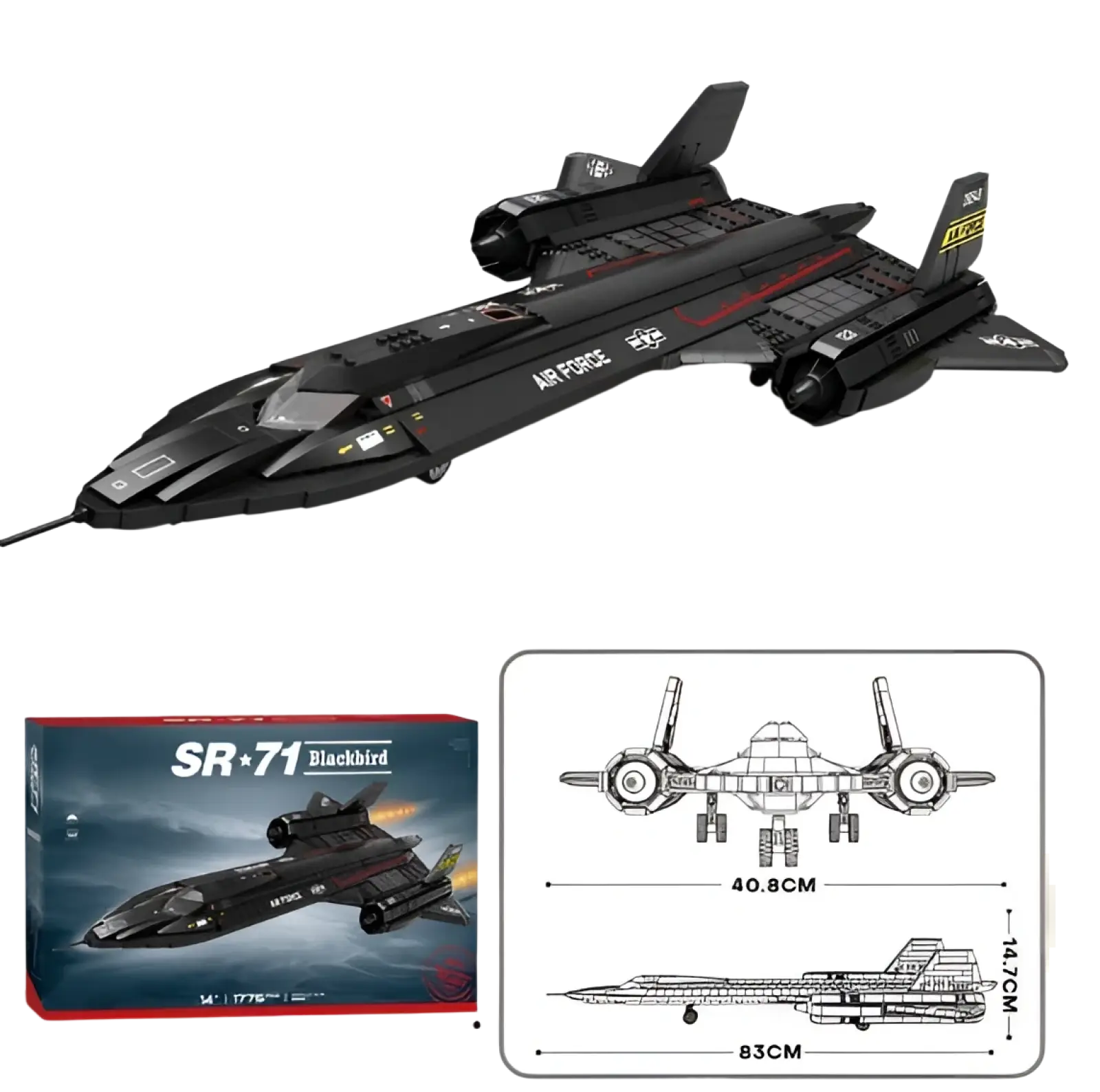 Ch-53 transport helicopter building block model toy featuring a black plastic SR-71 Blackbird with red and yellow detailing