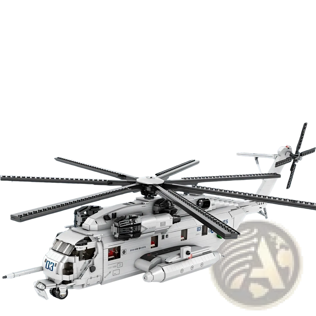 White and gray lego ch-53 transport helicopter model toy with detailed rotor blades cockpit and mounted weapons