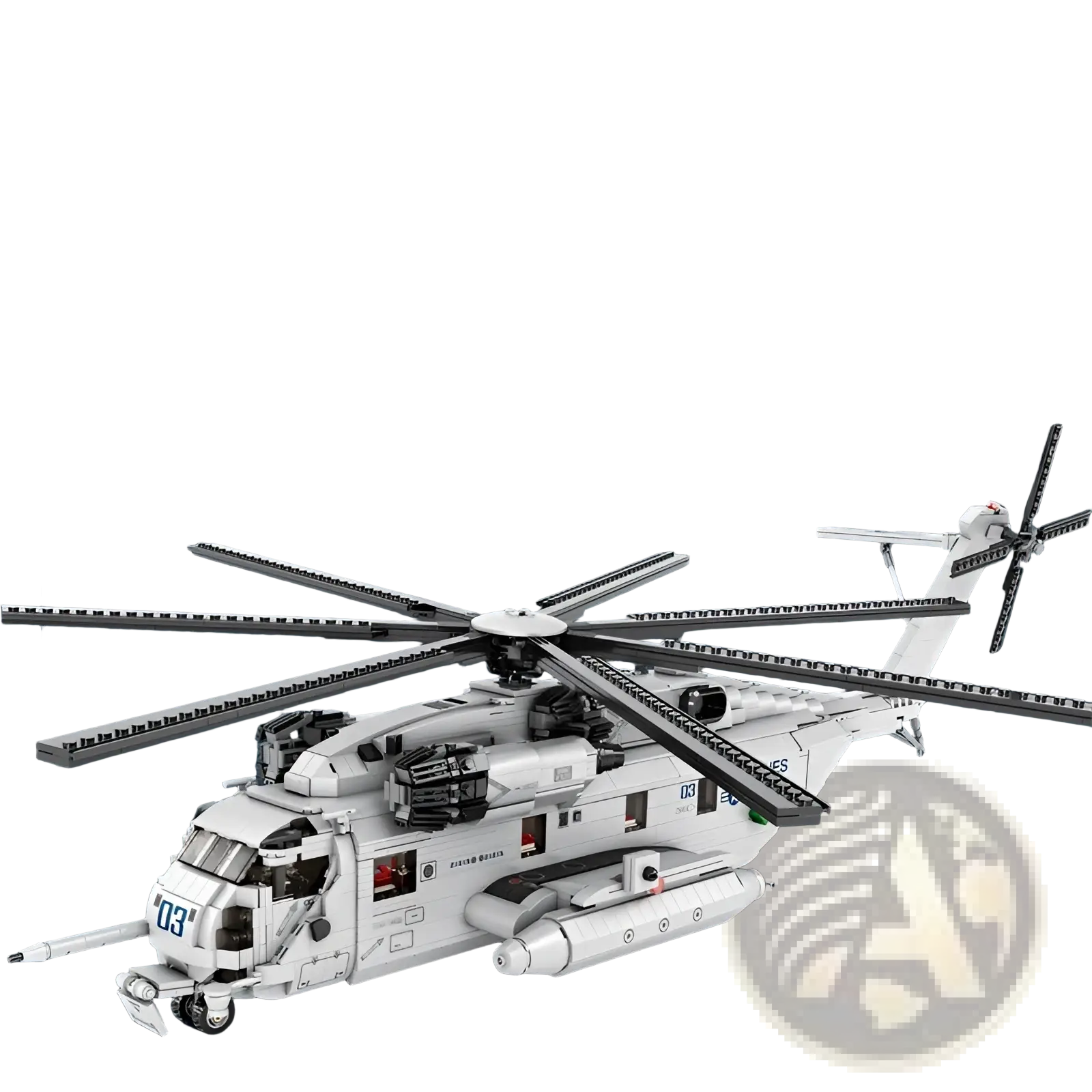 White and gray lego ch-53 transport helicopter model toy with detailed rotor blades cockpit and mounted weapons