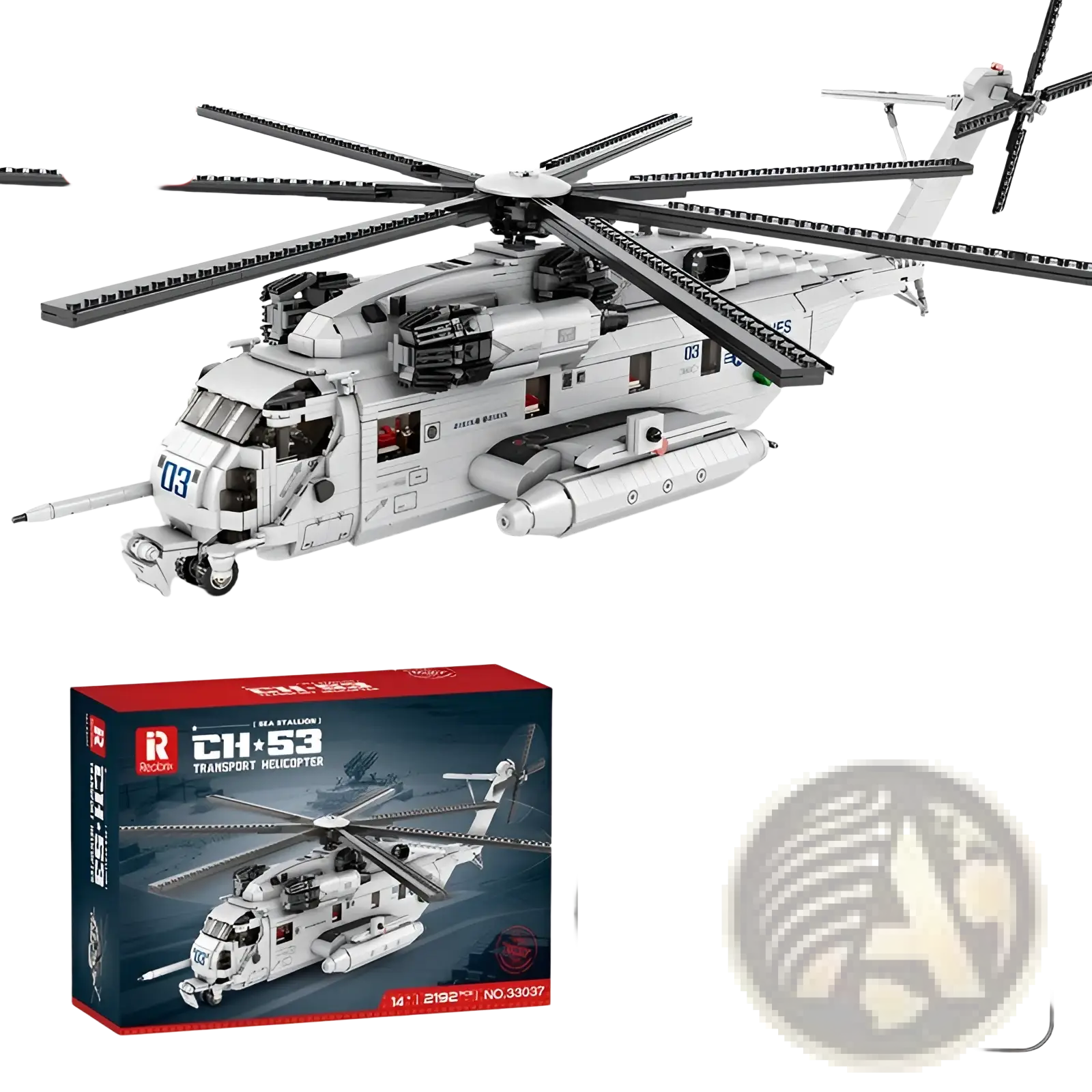 White and black plastic ch-53 transport helicopter model assembled from interlocking building blocks for display