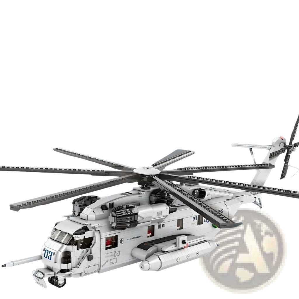 White plastic ch-53 transport helicopter building block model toy with detailed rotor blades and cockpit features