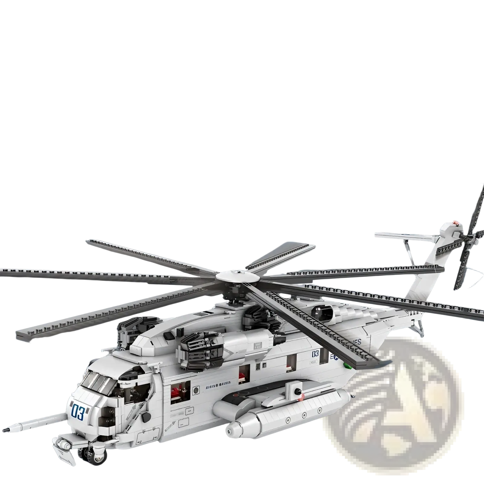 White plastic ch-53 transport helicopter building block model toy with detailed rotor blades and cockpit features