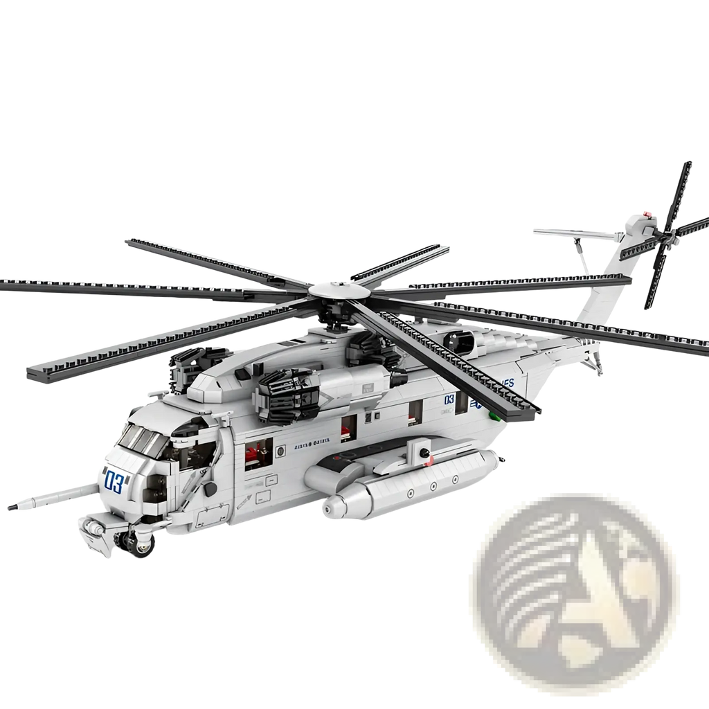 White and gray lego ch-53 transport helicopter building block model toy with black rotor blades viewed from the back side