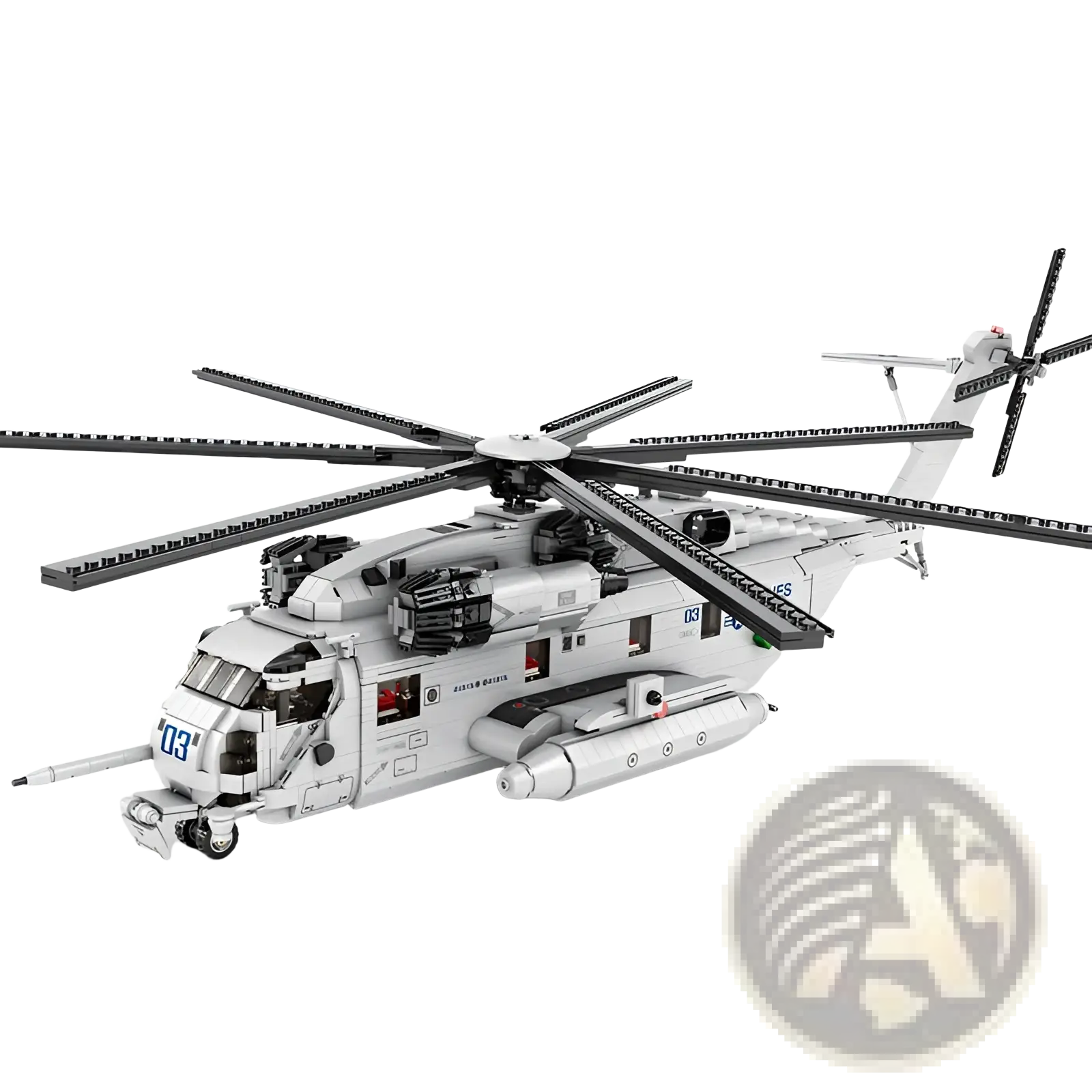 White and gray lego ch-53 transport helicopter building block model toy with black rotor blades viewed from the back side