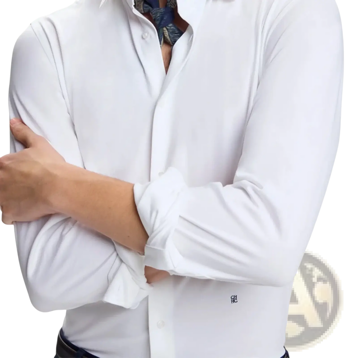 White long-sleeved business casual dress shirt for men with subtle embroidered logo on the chest