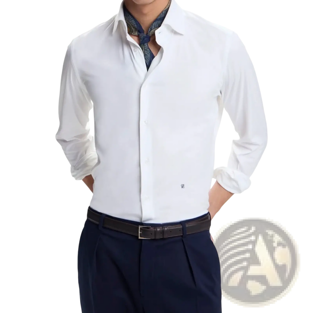 Ch mens white long-sleeved dress shirt with crisp collar and subtle brand logo for business casual wear
