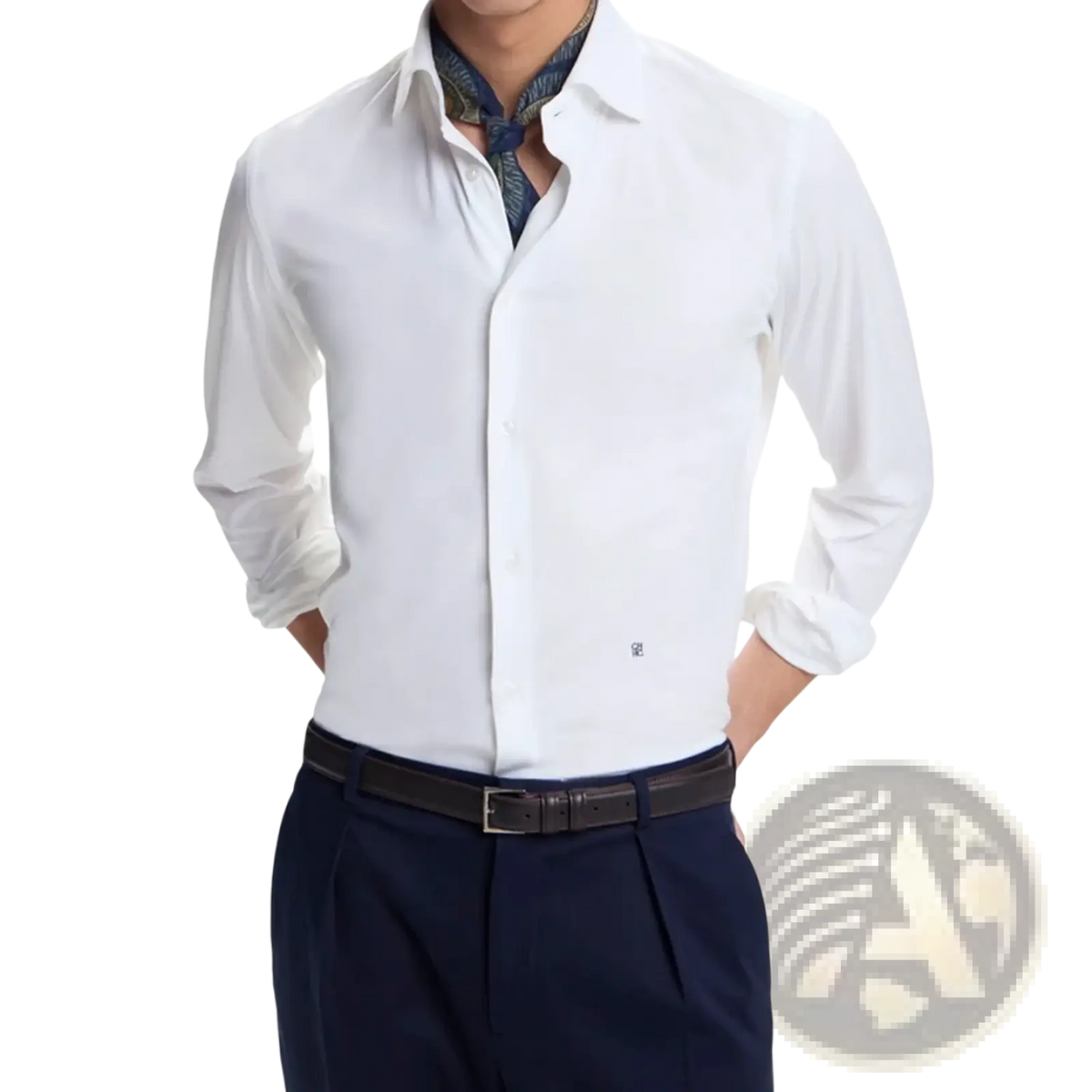 Ch mens white long-sleeved dress shirt with crisp collar and subtle brand logo for business casual wear