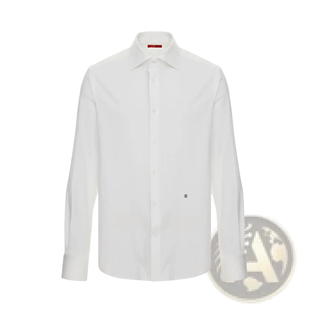 A crisp white men’s long sleeve dress shirt with a classic collar and subtle chest branding for business casual wear