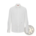 A crisp white men’s long sleeve dress shirt with a classic collar and subtle chest branding for business casual wear