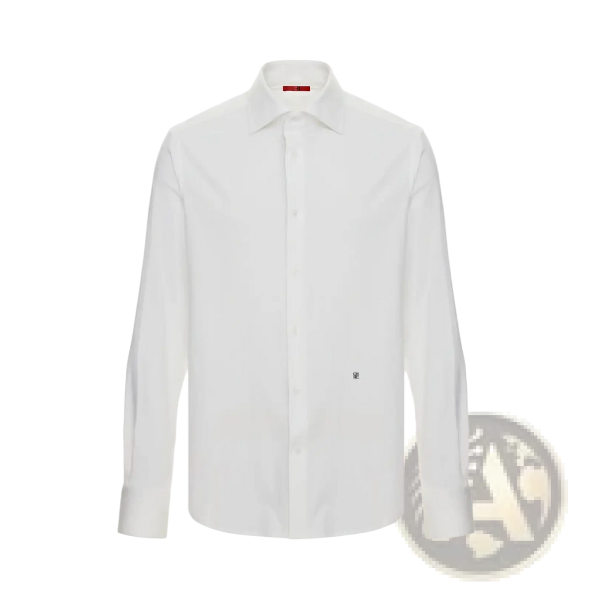 A crisp white men’s long sleeve dress shirt with a classic collar and subtle chest branding for business casual wear