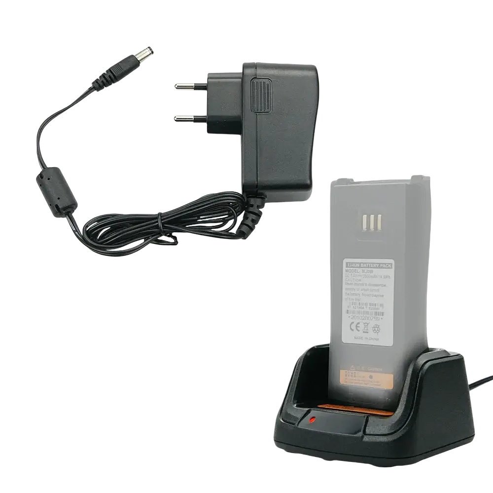 Black plastic ch10a07 desktop battery charger with european plug and coiled cable for hytera hyt gray battery pack