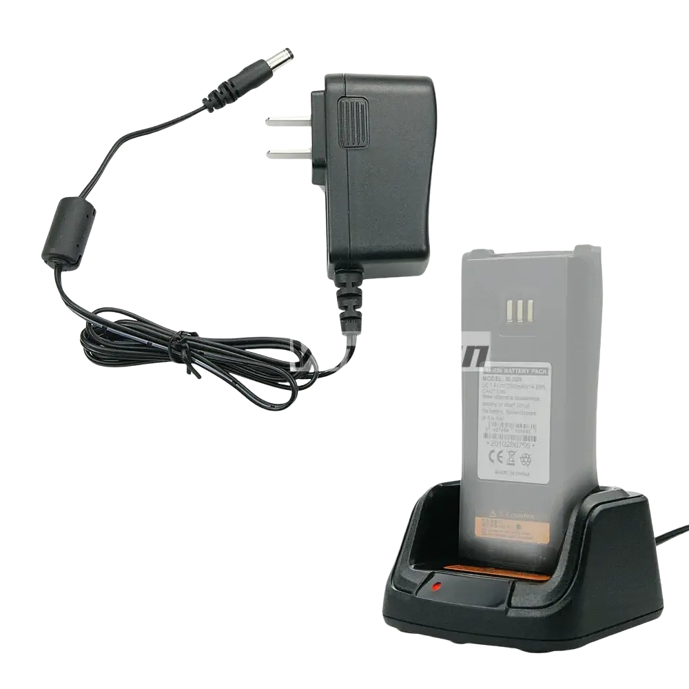 Black plastic ch10a07 desktop battery charger for hytera hyt with gray battery and coiled ac adapter cable