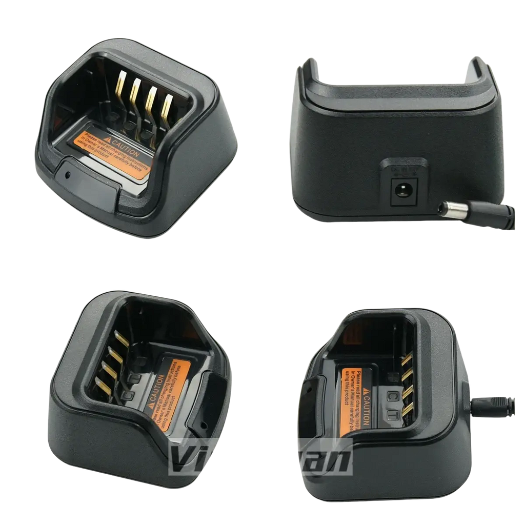 Black plastic ch10a07 desktop battery charger for hytera hyt with gold contacts and power input port visible