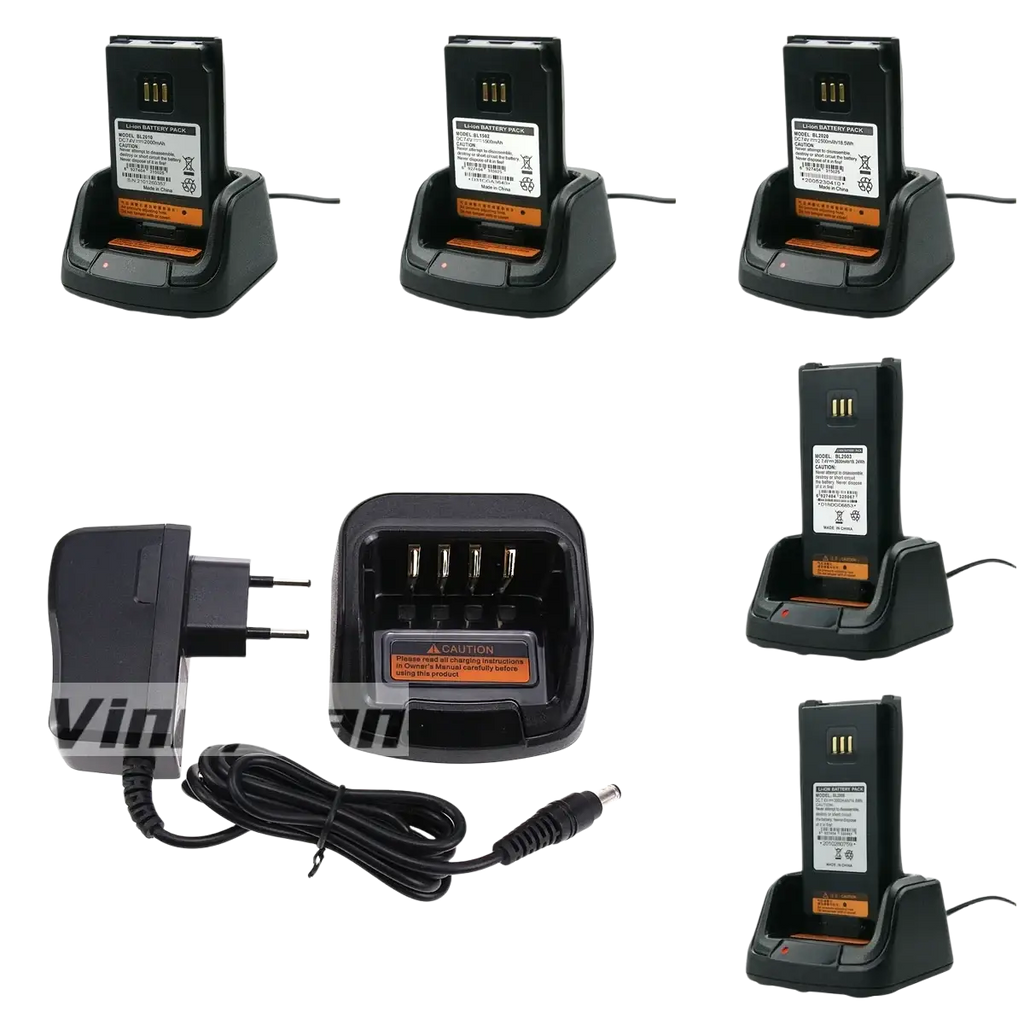 Black plastic ch10a07 desktop battery charger for hytera hyt with orange warning label and three-pronged power adapter