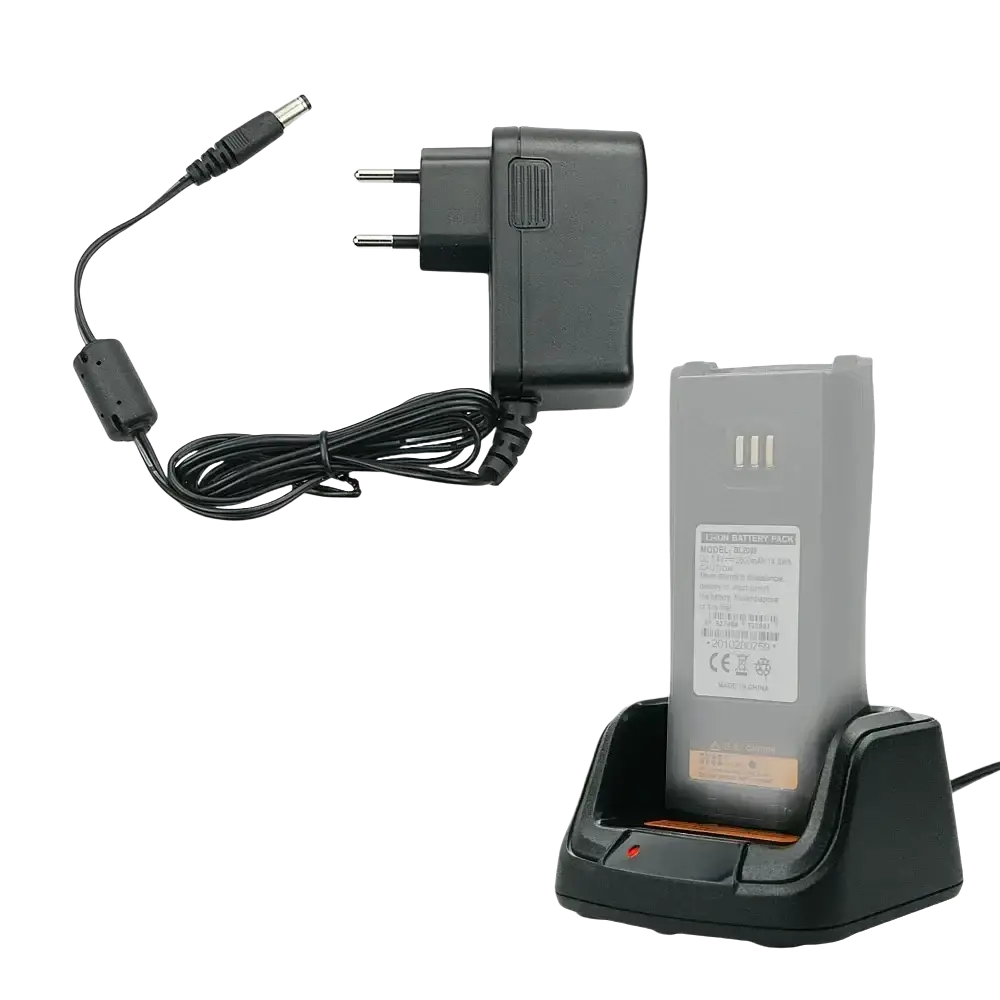 Black plastic ch10a07 hytera hyt desktop battery charger with coiled cable and gray battery pack in charging cradle
