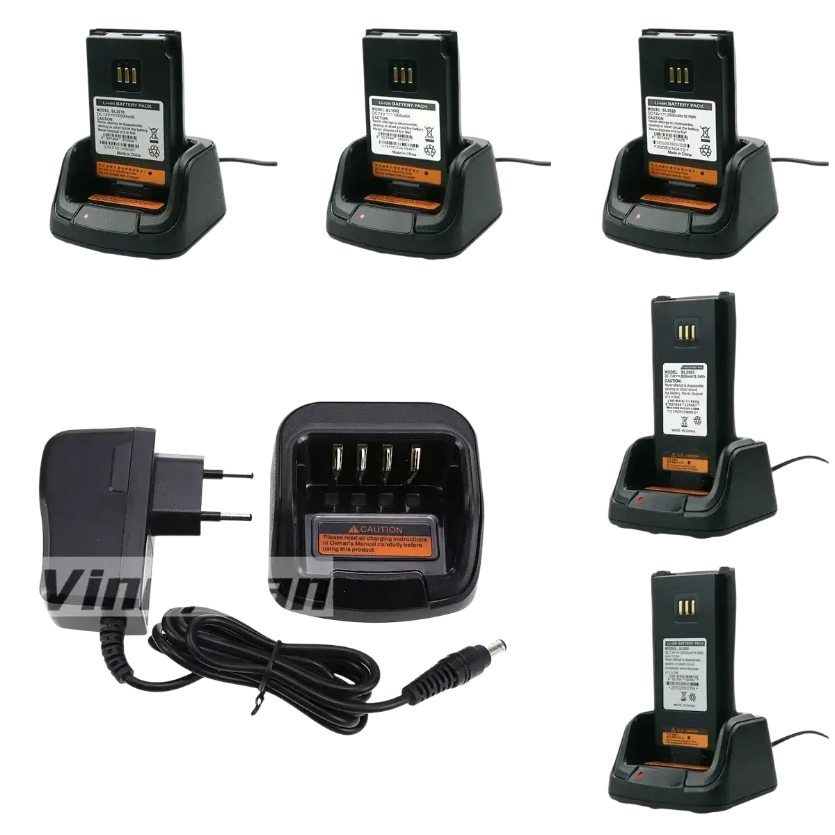 Black plastic ch10a07 hytera hyt desktop battery charger cradles holding motorola walkie-talkie batteries with orange labels