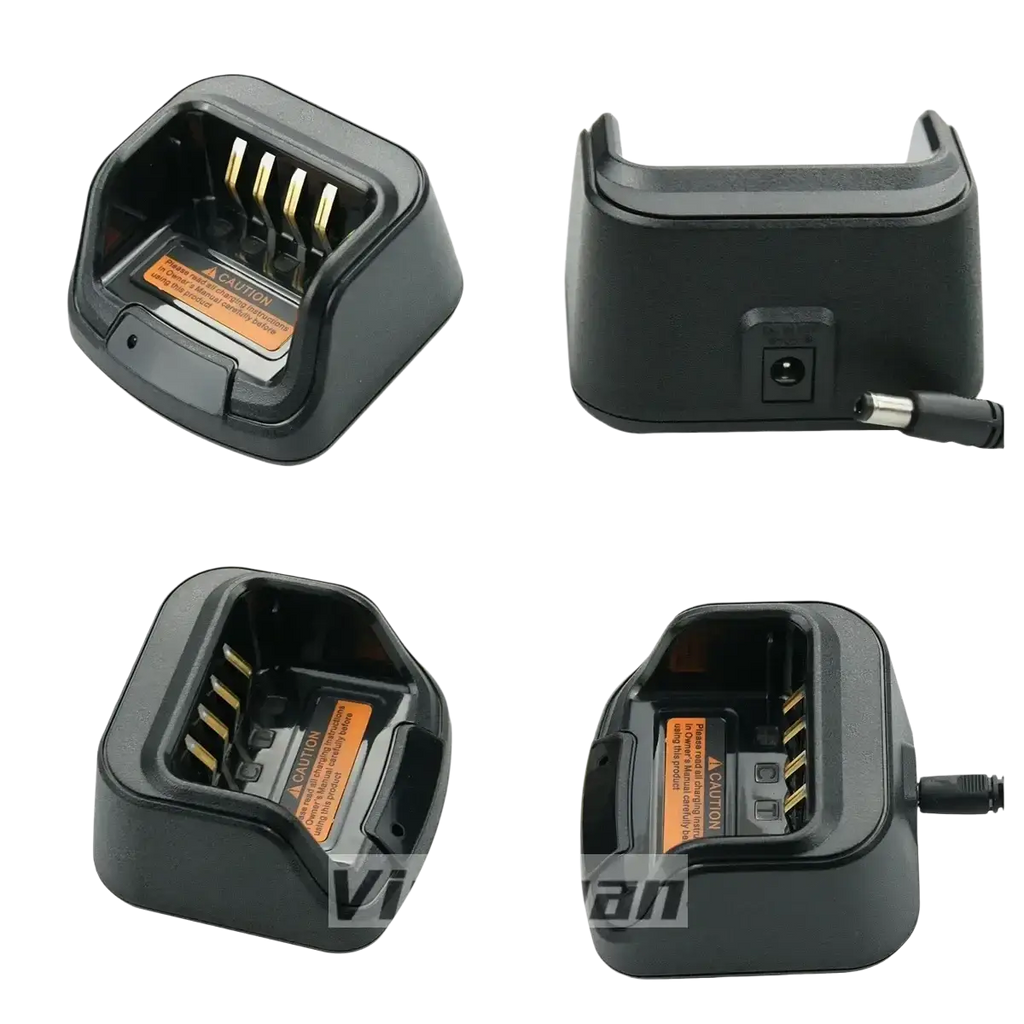 Black plastic ch10a07 hytera hyt desktop battery charger with gold contacts and orange warning label for efficient charging