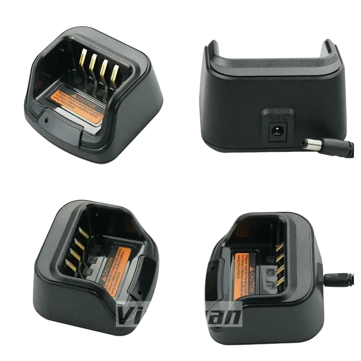 Black plastic ch10a07 hytera hyt desktop battery charger with gold contacts and orange warning label for efficient charging