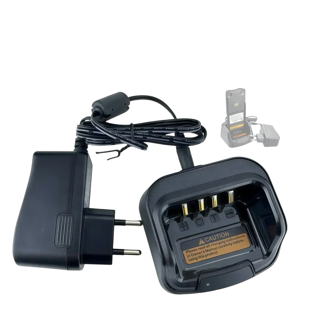 Black plastic ch10a07 hytera hyt desktop battery charger with coiled power cord and gold-colored contact pins