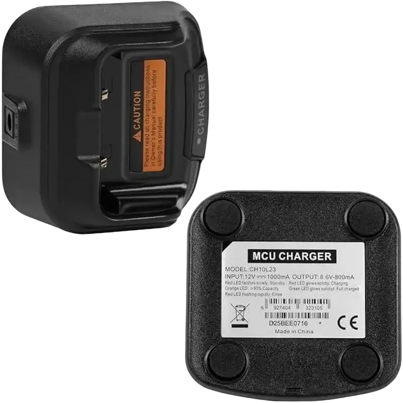 Black plastic ch10l23 desktop charger with matte finish and four circular feet for bd552i radios with caution label