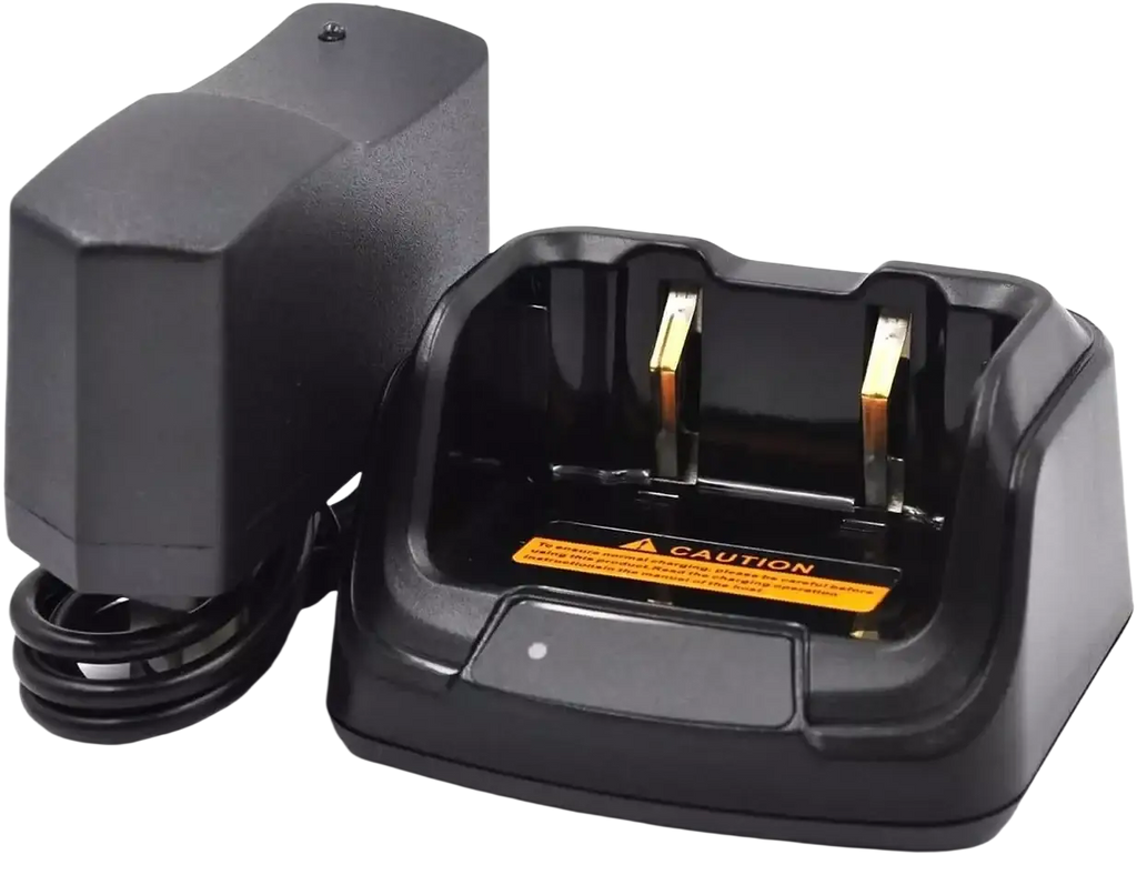 Black plastic ch10l23 two-slot desktop radio charger with integrated power adapter for hytera bd502i bd552i bd612i models