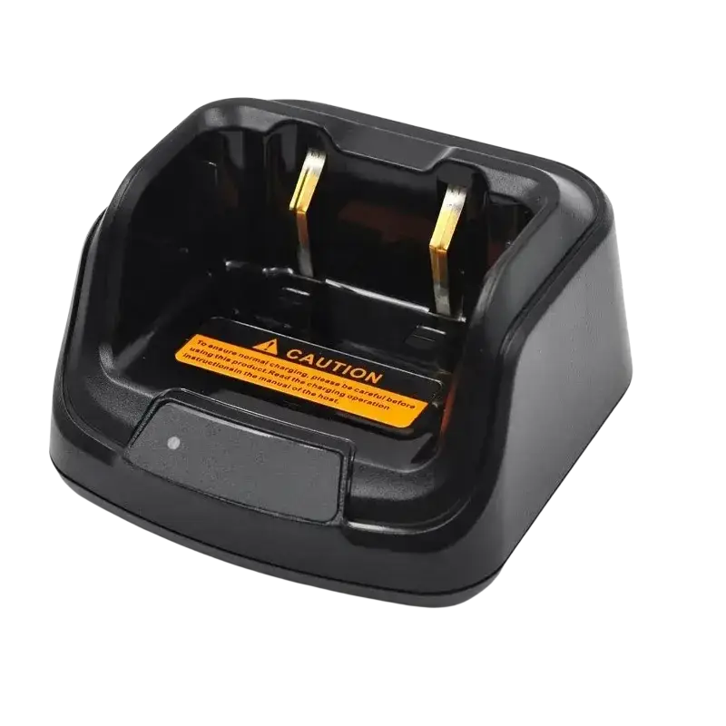 Black plastic ch10l23 desktop charger with gold metal contacts and orange caution label for hytera bd552i radios