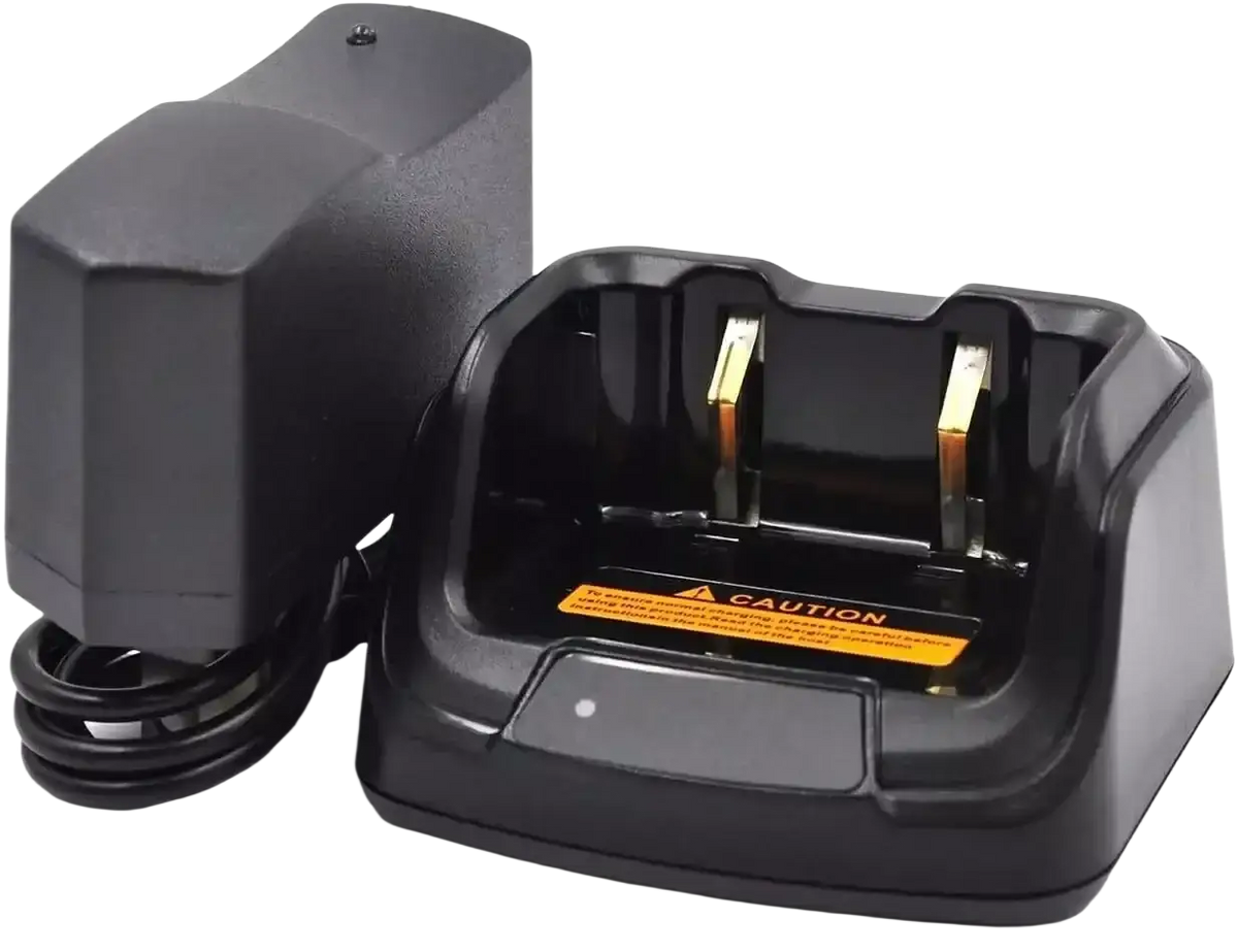 Black plastic ch10l23 desktop charger with gold-colored contacts and coiled power adapter for bd552i radios