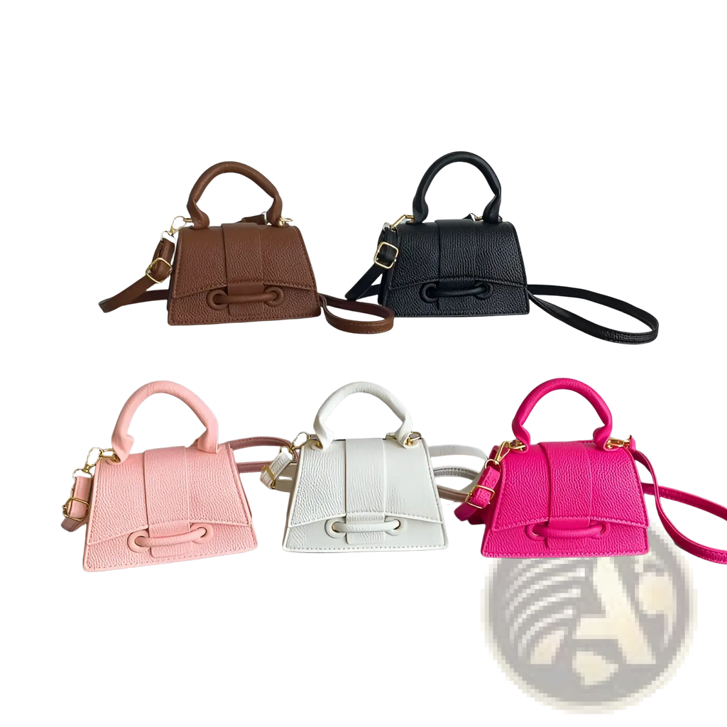 A collection of chain messenger bag mini faux leather handbags in brown black pink white and bright fuchsia with gold hardware