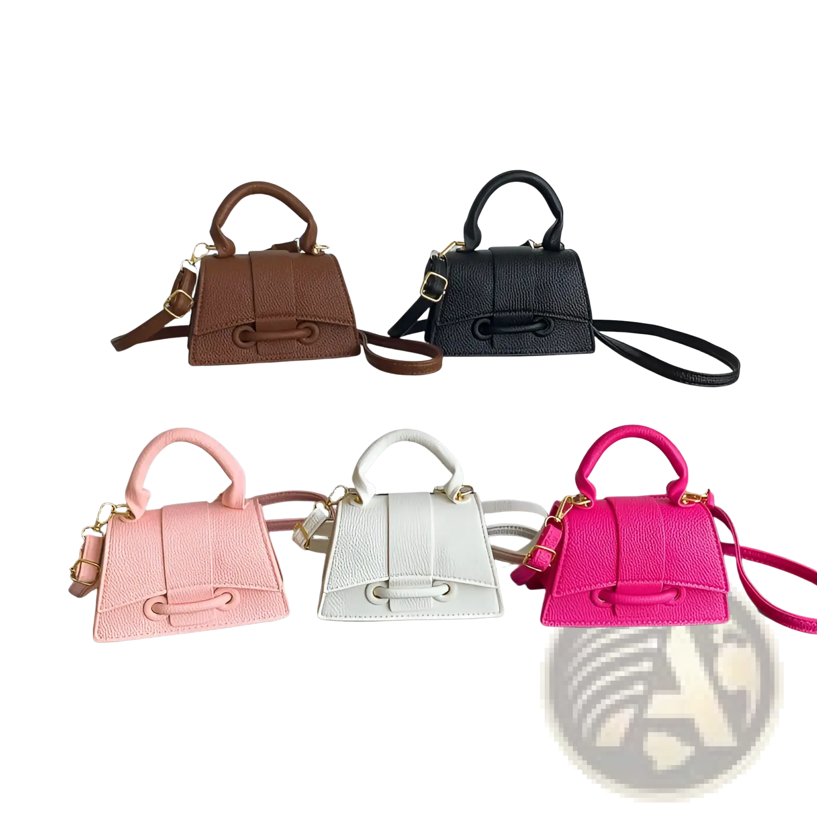 A collection of chain messenger bag mini faux leather handbags in brown black pink white and bright fuchsia with gold hardware