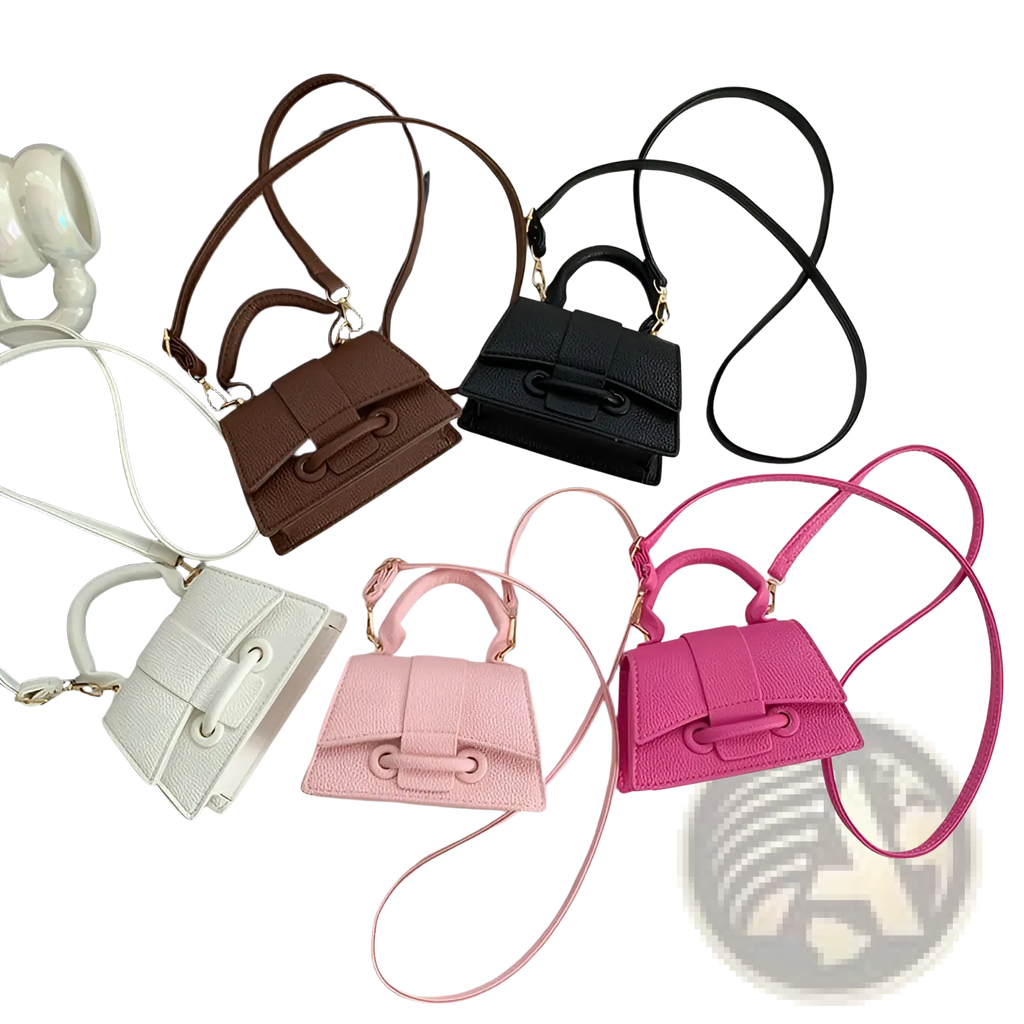 Chain messenger bag mini faux leather handbags in brown black white and pink with textured surfaces and shoulder straps