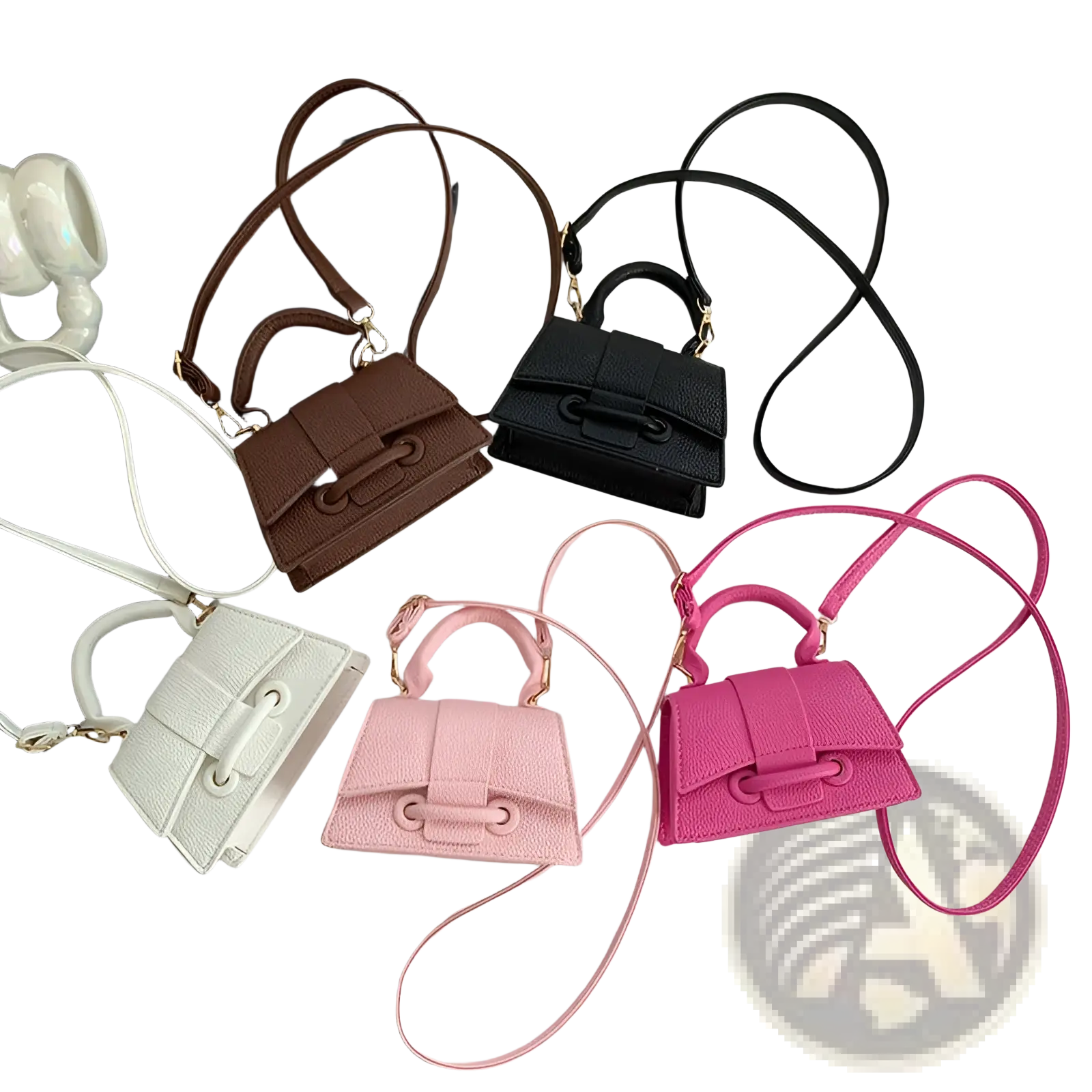 Chain messenger bag mini faux leather handbags in brown black white and pink with textured surfaces and shoulder straps