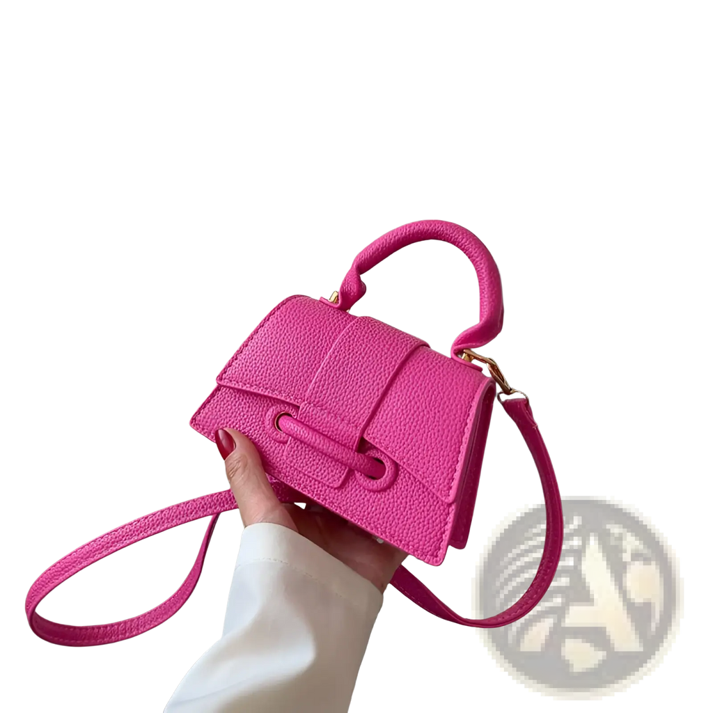 Vibrant pink faux leather mini chain messenger handbag with textured finish gold-tone hardware and top handle