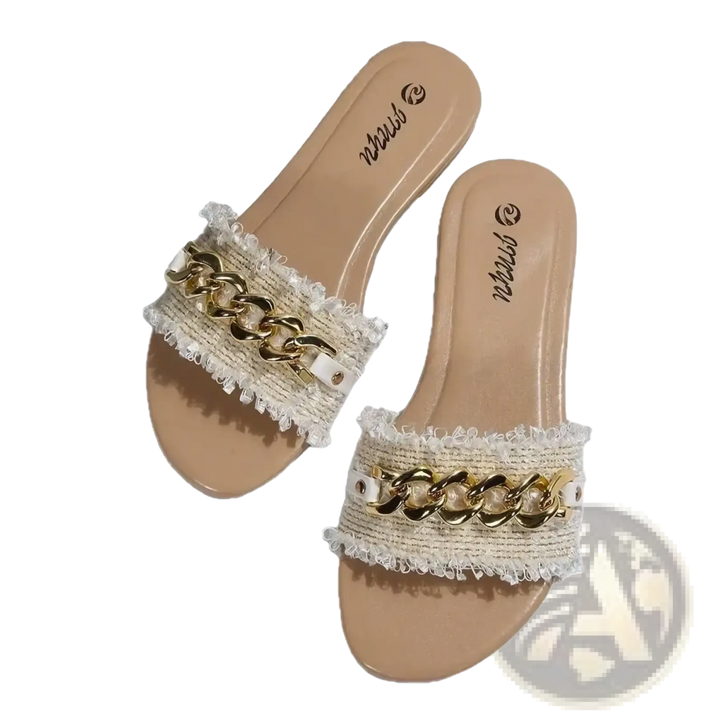 Beige chain slide sandals for women with textured frayed fabric strap, gold chain, and white pearl-like beads flat summer shoes