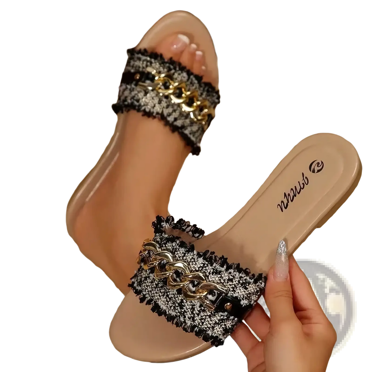 Black and white textured fabric chain slide sandals with gold chain detail flat summer shoes for women