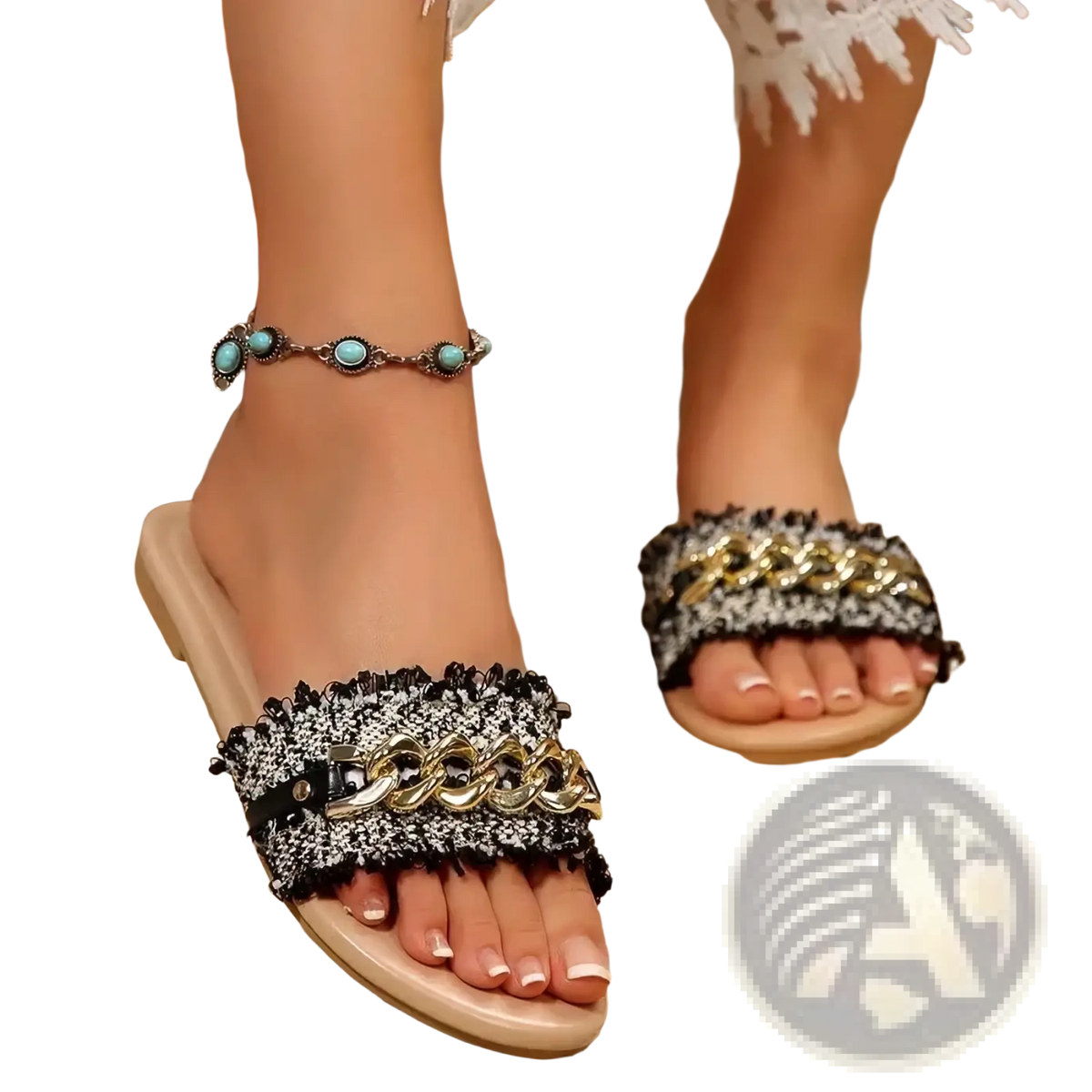 Chain slide sandals women flat summer shoes black and white textured slides with gold chain detail across footbed