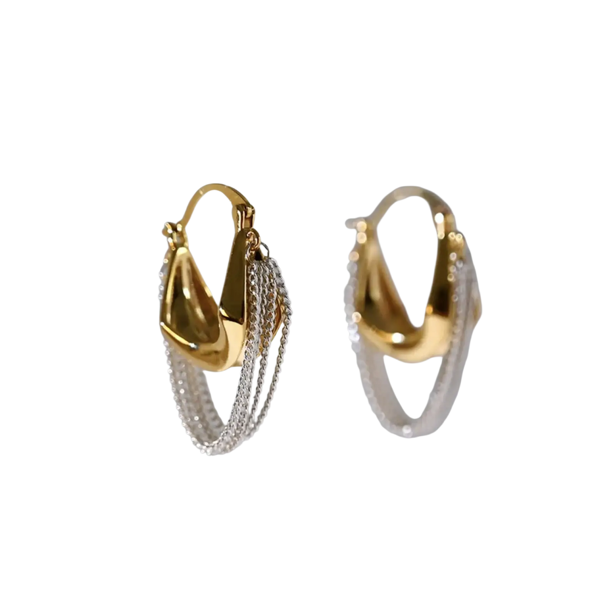Gold and silver two tone hoop chain tassel drop earrings featuring elegant dangling chain details