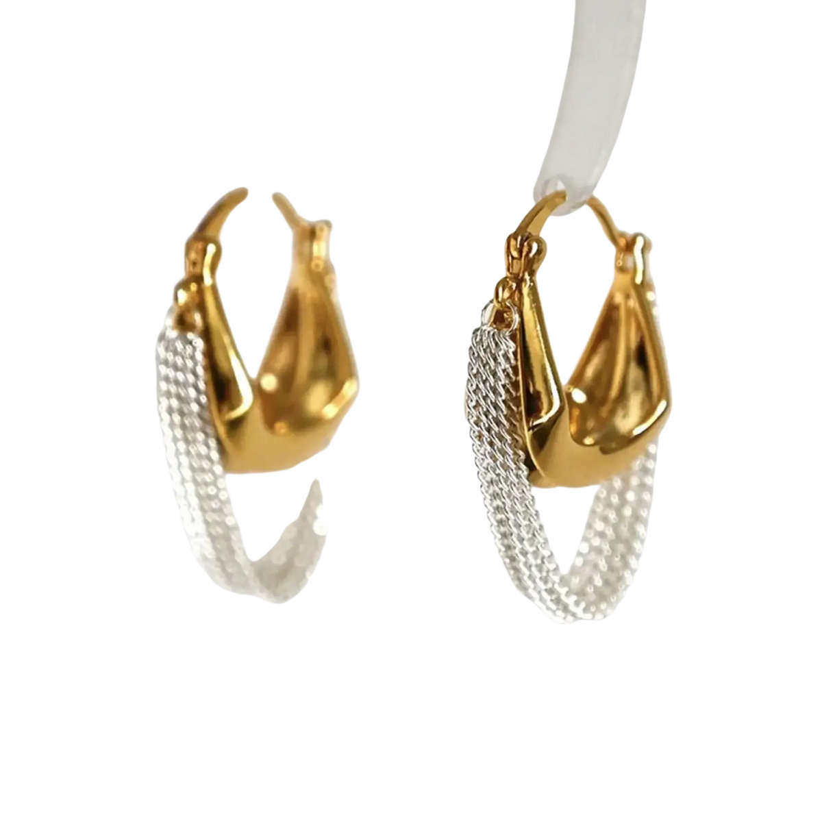 Gold hoop chain tassel drop earrings with teardrop shape and silver dangling chain fringe in two tone design